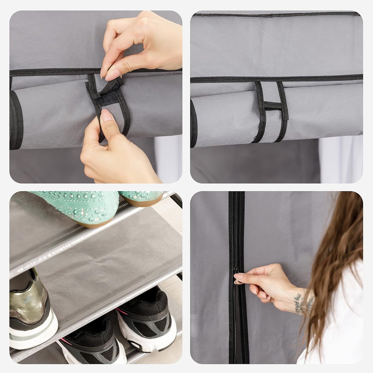 Étagère à chaussures pliante en tissu Baroni Home, 58x28x73 cm, grise, 4 étagères, meuble à chaussures peu encombrant avec cadre en fer pour chambre, placard, organisateur de chaussures indépendant, légère, durable et facile à déplacer