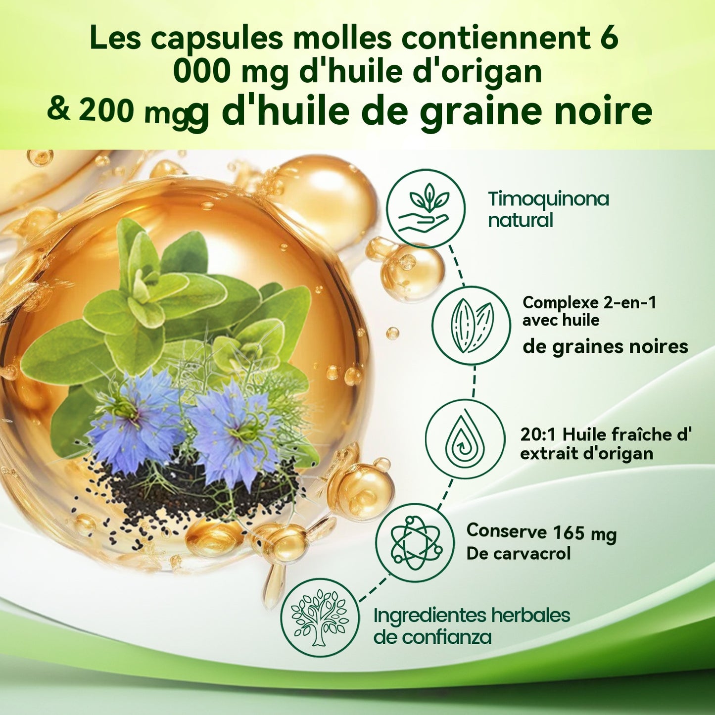 VIVONU Huile d'origan plus huile de graines noires, capsules huile d'origan équilibrée, capsules molles d'huile d'origan
