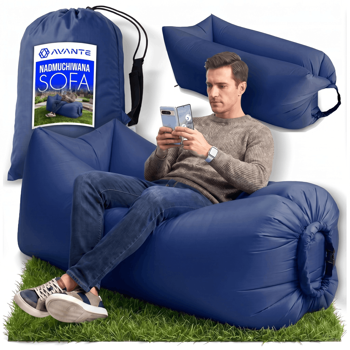 CANAPÉ GONFLABLE SAC PARE-PLUIE MATRASSE DE PLAGE 190CM XXL. Matelas Gonflable pour Eau et Jardin en Bleu Marine. Canapé de Plage Auto-Gonflant en Nylon Nylon Premium Épais. Matelas Double Chambre Imperméable pour Natation et Piscine. Canapé Gonflable Lég