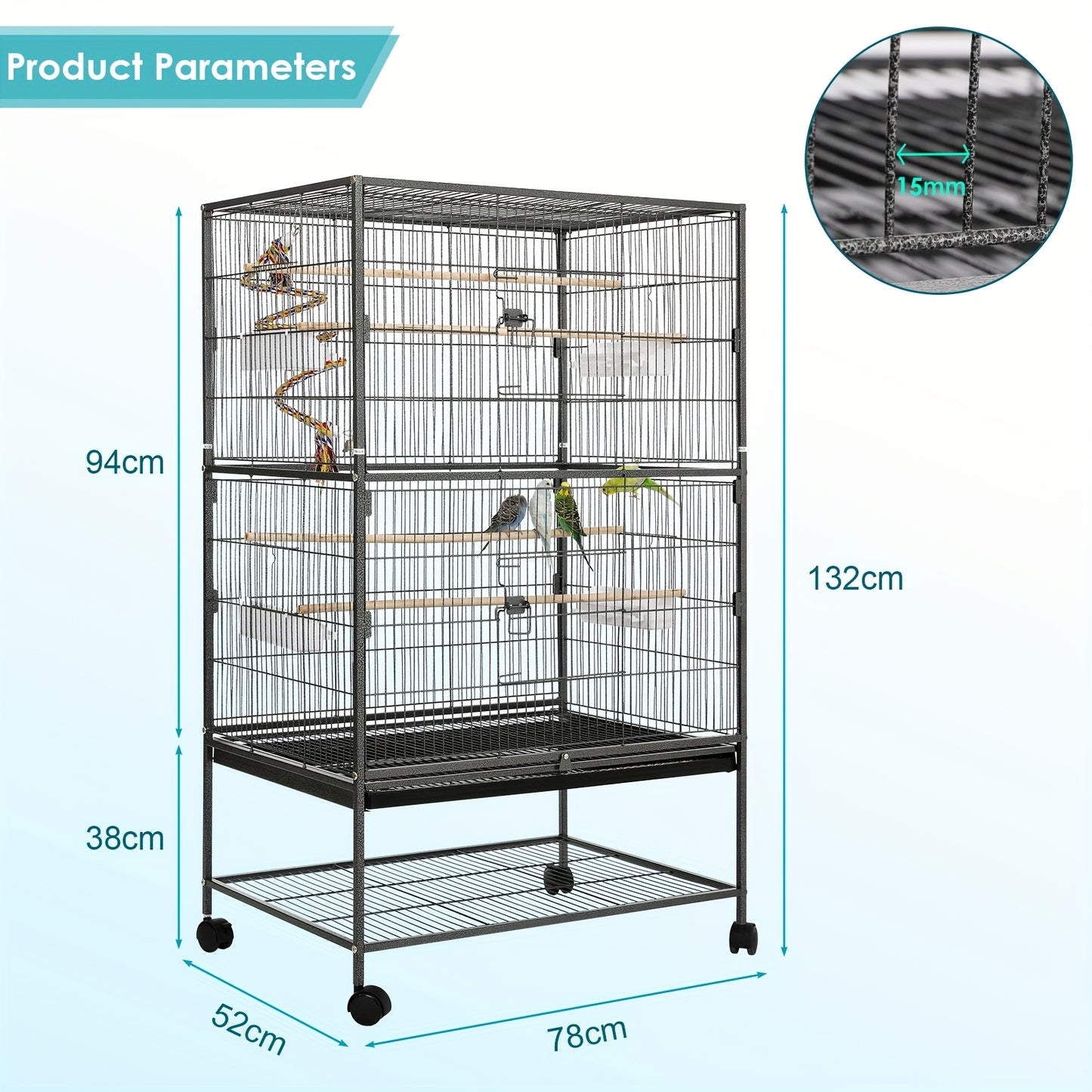 Grande cage à oiseaux, cage à oiseaux en métal, cage à oiseaux avec 4 roues, cage pour perruches avec bol de nourriture, jouet pour cage, balançoire à sauter pour oiseaux avec 2 portes et 4 barres en bois, 132 x 78 x 52 cm