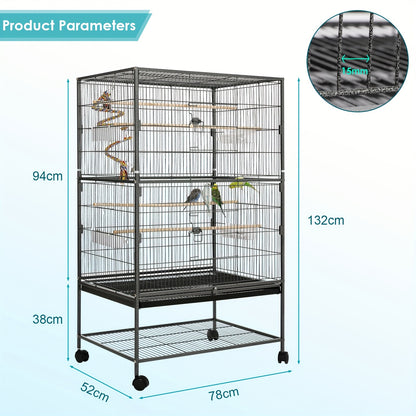 Grande cage à oiseaux, cage à oiseaux en métal, cage à oiseaux avec 4 roues, cage pour perruches avec bol de nourriture, jouet pour cage, balançoire à sauter pour oiseaux avec 2 portes et 4 barres en bois, 132 x 78 x 52 cm