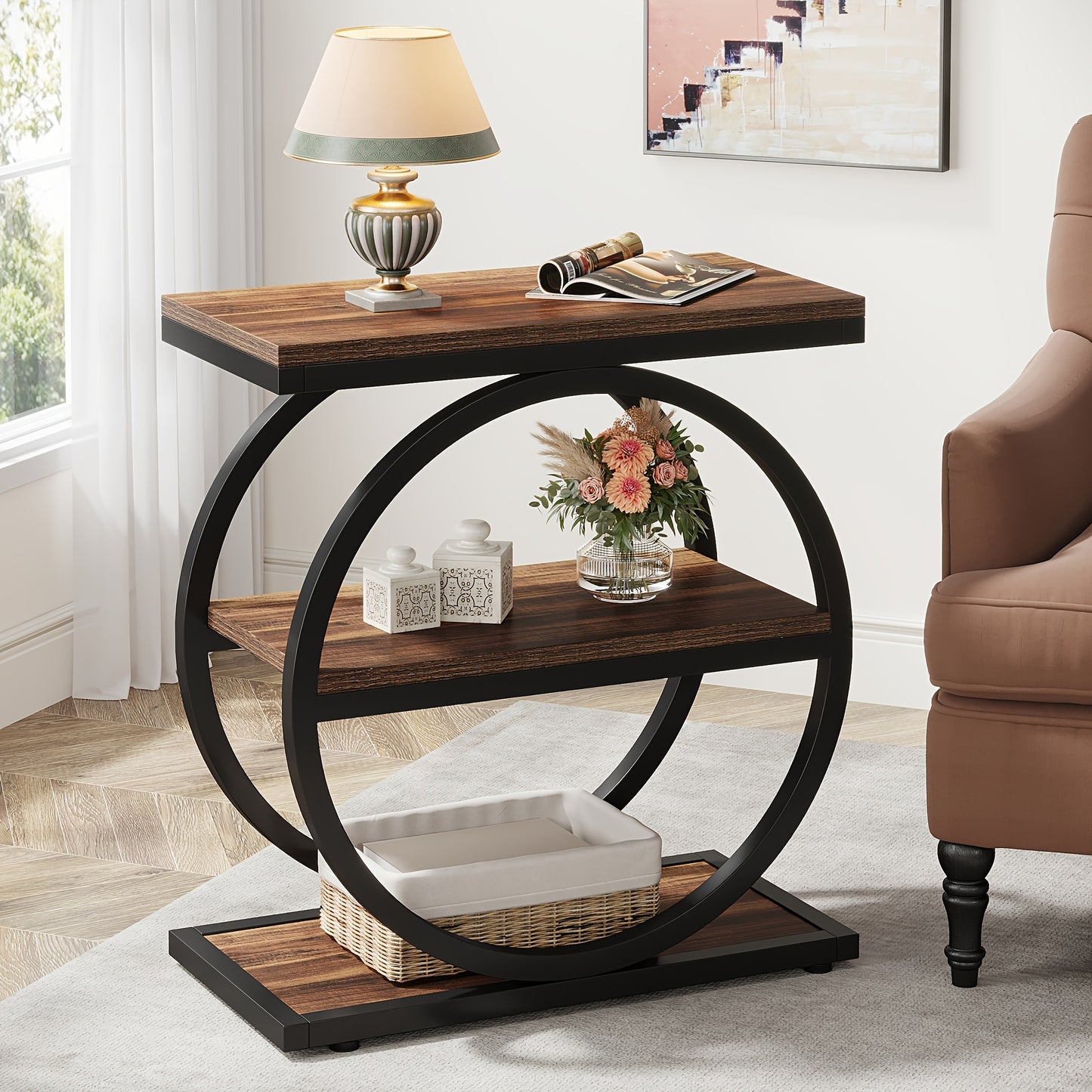 Table d'Appoint Étroite Industrielle Moderne à 3 Niveaux pour Canapé - Conception Gain de Place avec 3 Étagères de Rangement, Finition Chêne et Noir, Cadre Robuste en MDF E1 et Métal, Montage Facile pour Salon, Chambre ou Entrée