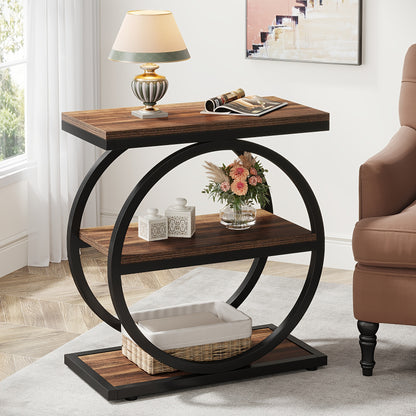 Table d'Appoint Étroite Industrielle Moderne à 3 Niveaux pour Canapé - Conception Gain de Place avec 3 Étagères de Rangement, Finition Chêne et Noir, Cadre Robuste en MDF E1 et Métal, Montage Facile pour Salon, Chambre ou Entrée