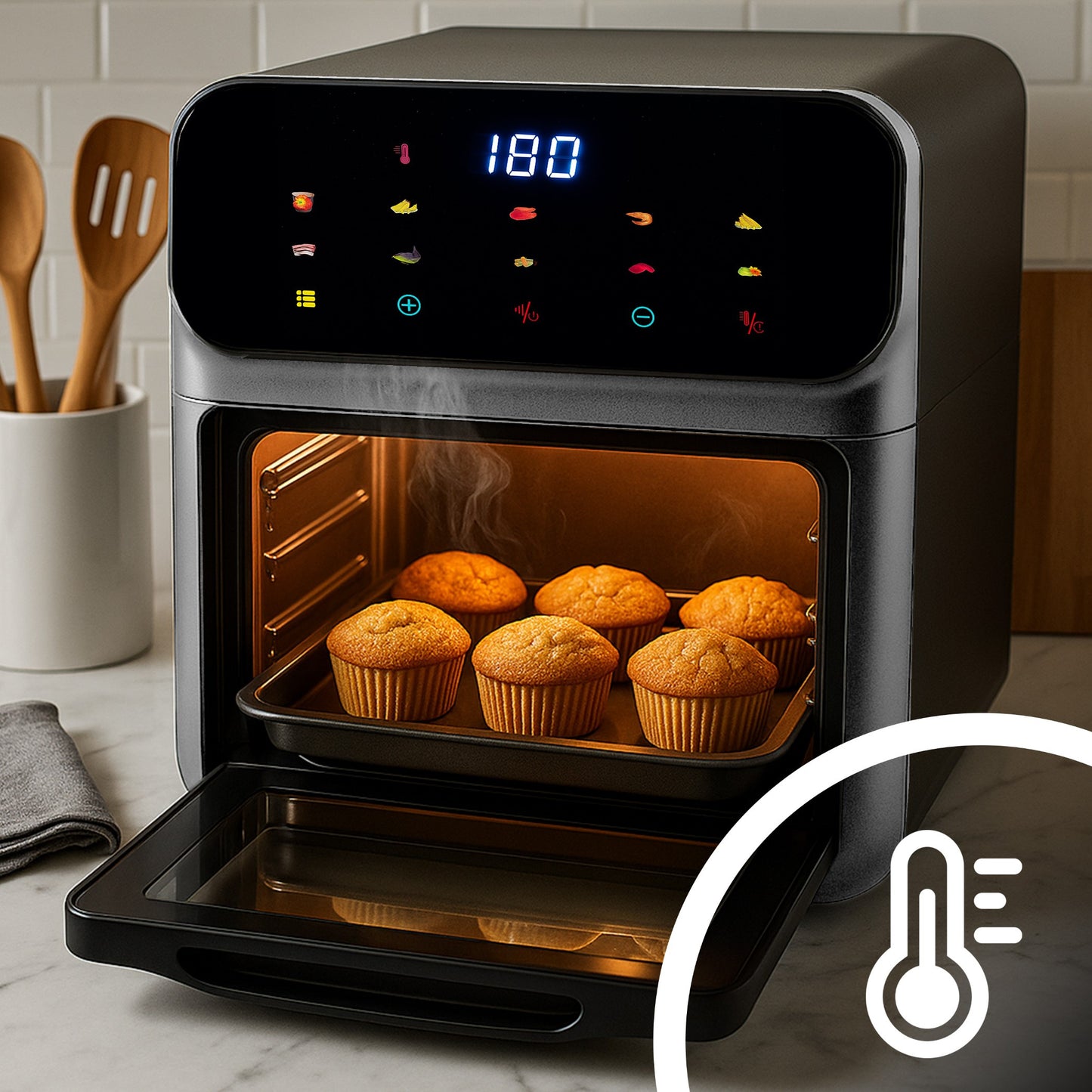 Friteuse à air sans graisse 12L, four multifonctionnel 1350W, 10 modes de cuisson, écran LED tactile, contrôle du temps et de la température 80-200°C, circulation d'air chaud, fenêtre de visualisation avec éclairage, nettoyage facile, ensemble avec gant e
