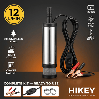 Pompe de transfert de carburant diesel submersible 12V, pompe électrique portable de vidange d'huile 12L/min avec interrupteur marche/arrêt et pinces crocodiles, outil de pompage en acier inoxydable pour eau et kérosène pour voiture, camion, bateau, remor