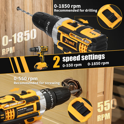 Perceuse sans fil Jemi Tool, kit d'accessoires avec mallette en plastique, batterie amovible 1/2*1500mAh, perceuse 21V adaptée aux opérations industrielles et aux travaux d'entretien quotidien à la maison