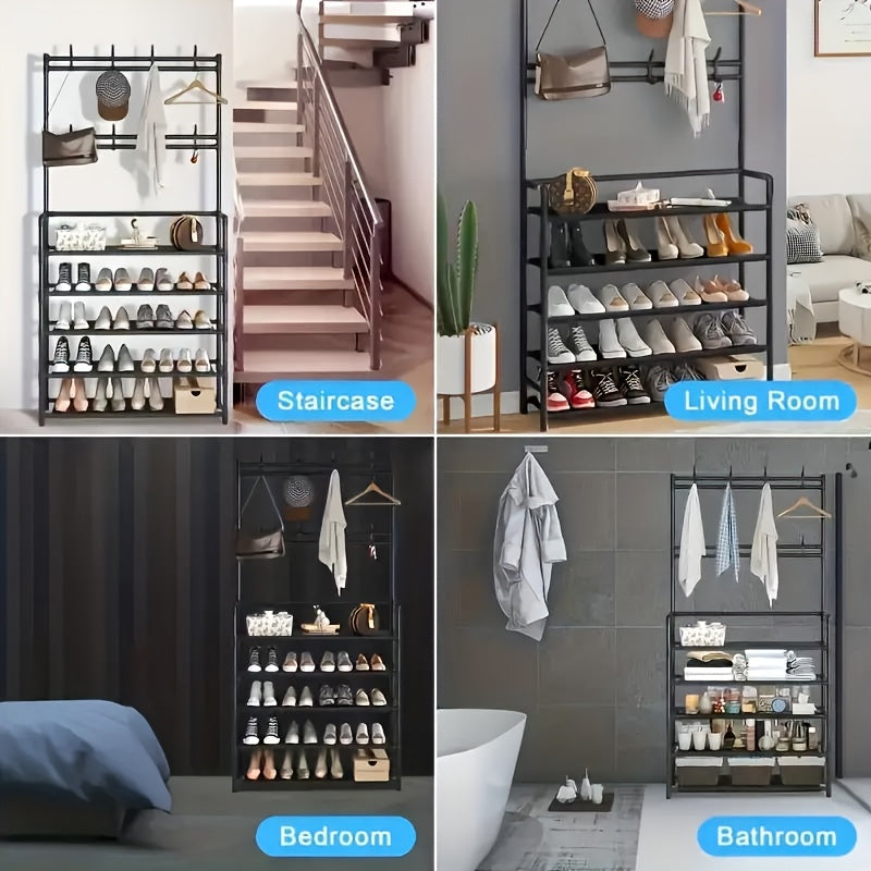 Porte-chaussures de Rangement - Porte-manteau Gain de Place, Porte-chaussures à 5 Niveaux avec 8 Crochets, Structure Robuste en Métal/Plastique Doré, Conception Autoportante ou Murale pour Maison, Bureau et Magasin - Convient pour Ranger Chaussures, Mante