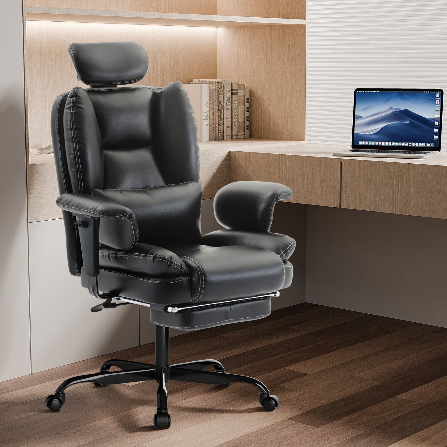 Chaise de Bureau Ergonomique 200kg, Fauteuil d'Ordinateur avec Support Lombaire et Pouf, Chaise Haute Dossier Élevable pour Table Bureaux Noir