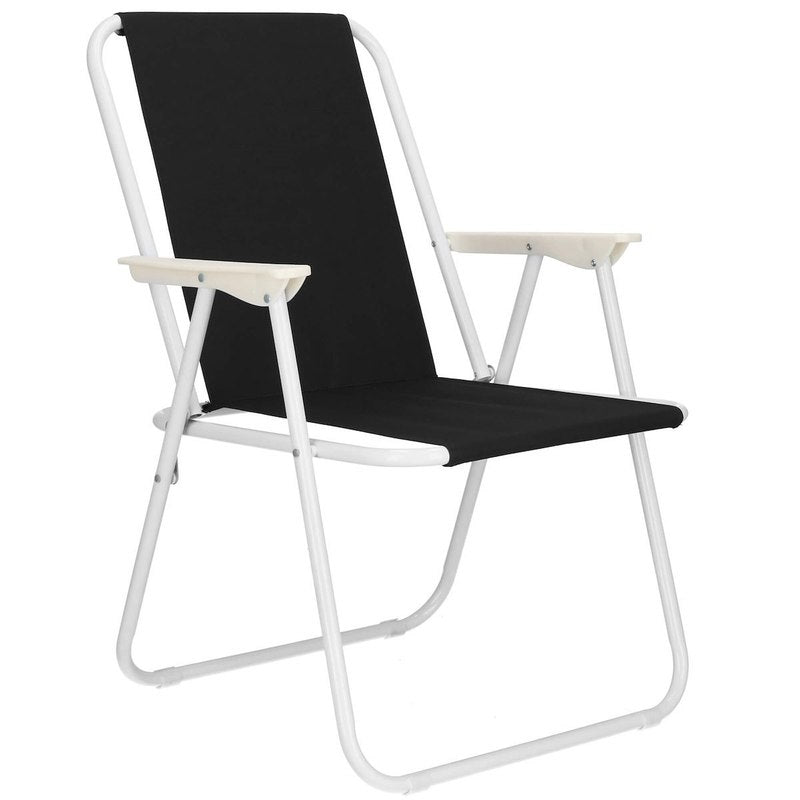 Chaise de plage pliante noire pour touristes, chaise de jardin compacte et légère avec cadre en acier anticorrosion et accoudoirs confortables, chaise de camping portable pour pique-nique, camping, balcon, pêche, forêt, vacances, extérieur, siège amélioré
