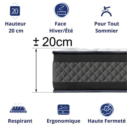 Matelas Mousse Onyx - Ferme - Réversible - Côté Été/hiver - H20 Cm