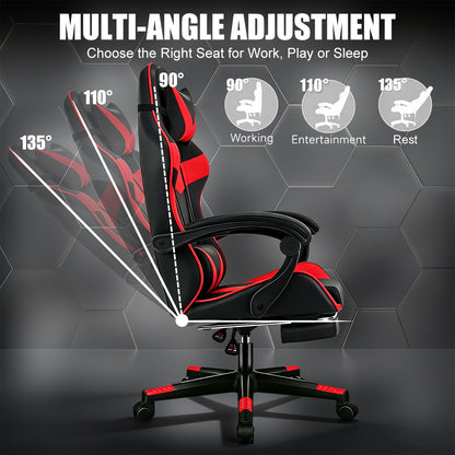 Chaise de Gaming Ergonomique avec Repose-Pieds - Pivotante à 360°, Réglable en Hauteur, Support Lombaire, Mécanisme d'Inclinaison Manuelle, Texture Simili, Rembourrage en Mousse et Cadre en Acier Inoxydable - Pour PC/Bureau
