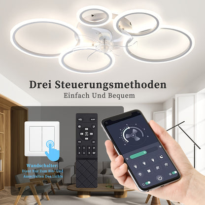 Lampe avec ventilateur moderne LED dimmable, plafonnier avec éclairage silencieux réversible pour salon, télécommande et application, 6 vitesses, minuterie, DC-blanc