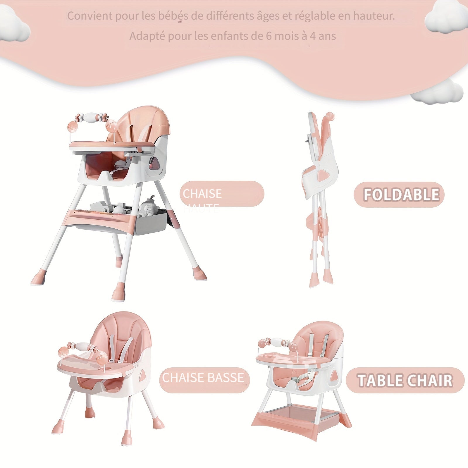 Chaise haute multifonctionnelle pour tout-petits, chaise haute réglable en hauteur, chaise pour bébé, chaise haute combinée avec ceinture de sécurité, jouets et plateau amovible pour manger et jouer