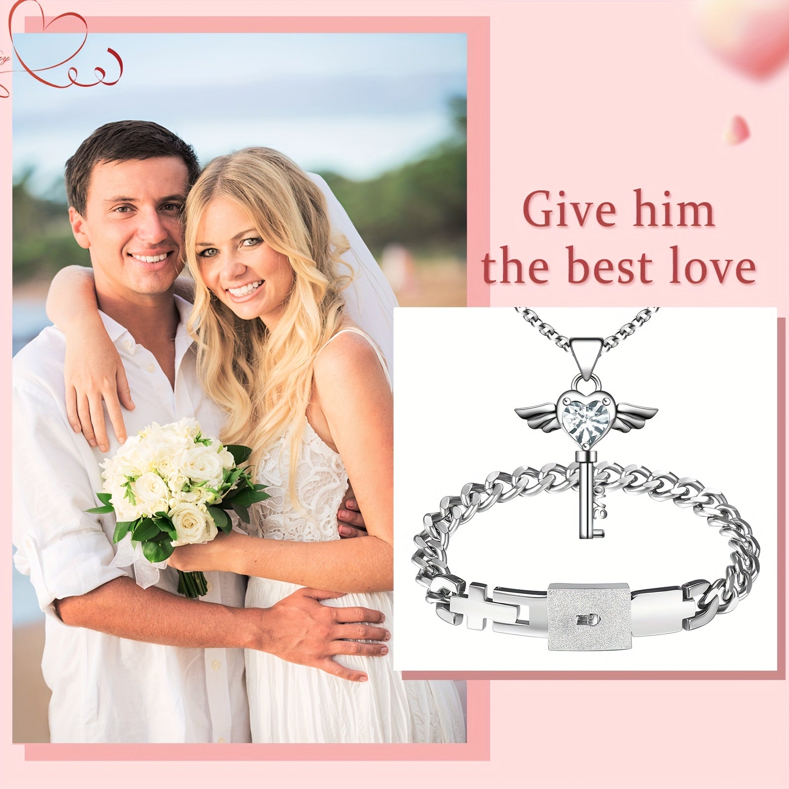 Bijoux assortis pour couple : Collier clé à ailes en forme de cœur pour femme, Bracelet cadenas cubain pour homme - Collier bracelet robuste en acier inoxydable