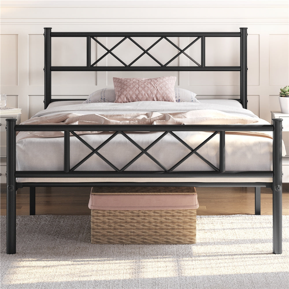 Costoffs Cadre de Lit en Métal Moderne - Structure à 6 Pieds avec Tête de Lit Design en Forme X - Sommier à Lattes Métalliques et Grand Espace de Rangement Sous-lit - Idéal pour Chambre d'Invite, Dortoir ou Appoint - Style Industriel Élégant