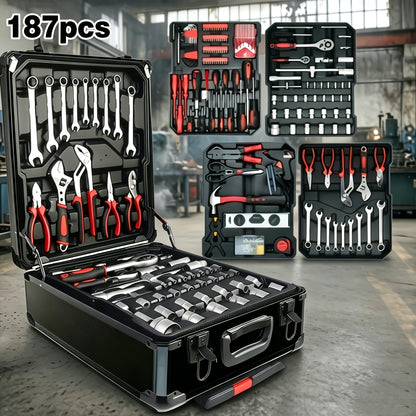 Lot de 187 pièces, ensemble d'outils mécaniques pour réparation automobile et vélo, clés à cliquet 1/2" x 1/4" et 3/8" de qualité course professionnelle, kit d'outils pour la maison, cadeau parfait pour la fête du Travail