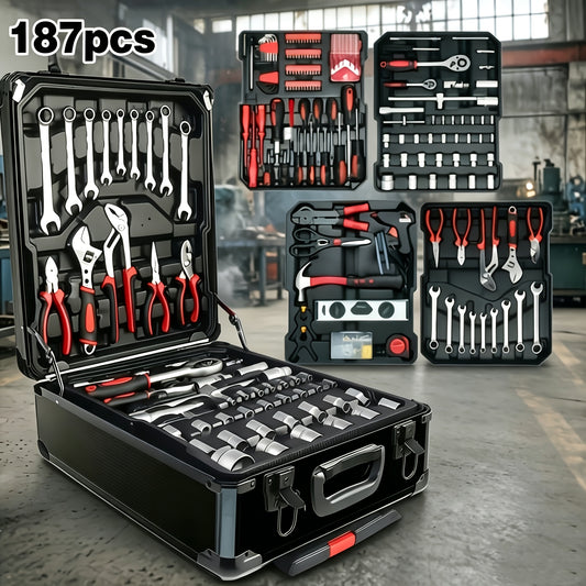 Lot de 187 pièces, ensemble d'outils mécaniques pour réparation automobile et vélo, clés à cliquet 1/2" x 1/4" et 3/8" de qualité course professionnelle, kit d'outils pour la maison, cadeau parfait pour la fête du Travail
