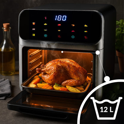 Friteuse à air sans graisse 12L, four multifonctionnel 1350W, 10 modes de cuisson, écran LED tactile, contrôle du temps et de la température 80-200°C, circulation d'air chaud, fenêtre de visualisation avec éclairage, nettoyage facile, ensemble avec gant e