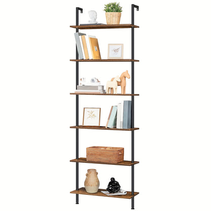Étagère à 6 niveaux à monter soi-même, Étagère échelle industrielle, Unité d'étagères en panneaux de particules, Étagère verticale sur pied, avec cadre métallique stabilisateur, pour bureau à domicile, salon, Marron foncé