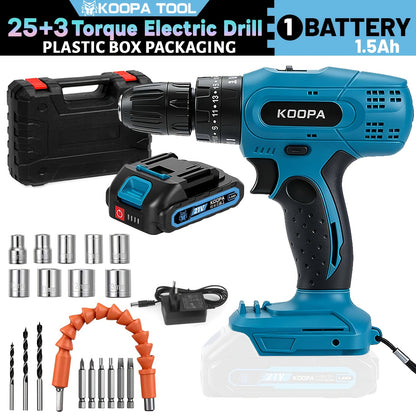 KOOPA TOOL Tournevis Électrique, Kit de Perceuse 21V, Tournevis de Perçage à 3 Niveaux de Couple 25, Équipé d'une Fonction de Perceuse à Impact et de Batterie Rechargeable, Adapté à une Boîte à Outils pour Toutes les Décorations Ménagères Quotidiennes