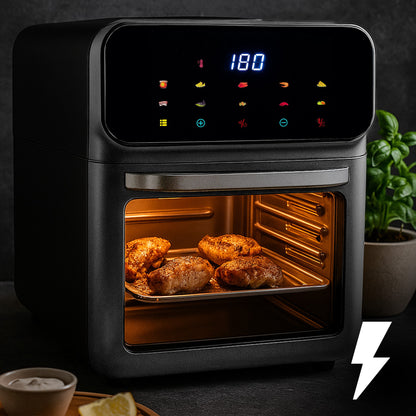 Friteuse à air sans graisse 12L, four multifonctionnel 1350W, 10 modes de cuisson, écran LED tactile, contrôle du temps et de la température 80-200°C, circulation d'air chaud, fenêtre de visualisation avec éclairage, nettoyage facile, ensemble avec gant e