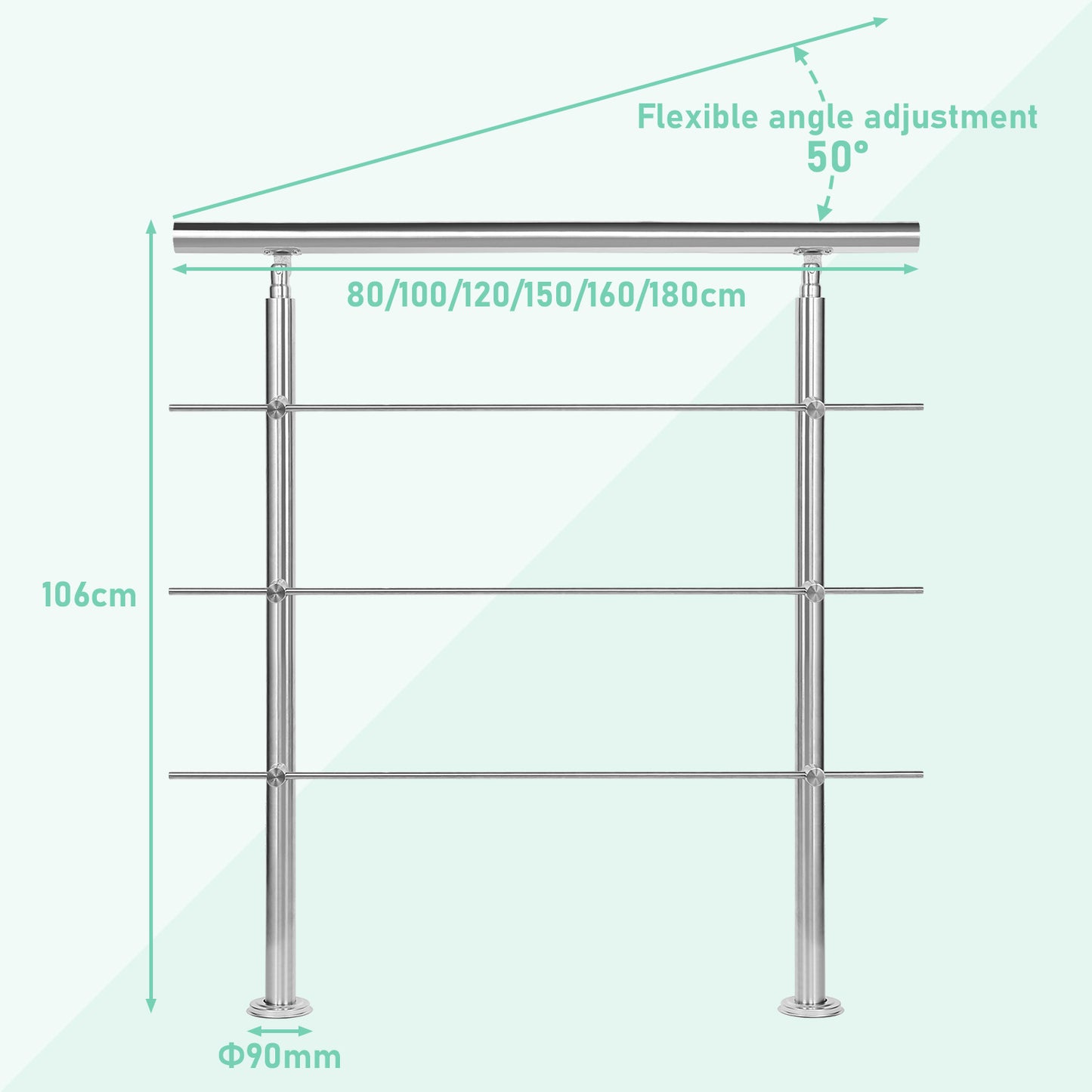 Balustrades en acier inoxydable pour escaliers, balcon, terrasse, jardin, balustrade, balustres horizontaux, rampe d'escalier, support de rampe avec 0-5 barres transver, fixation murale, rampe d'escalier avec 2 poteaux, kit de construction universel de ra