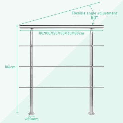 Balustrades en acier inoxydable pour escaliers, balcon, terrasse, jardin, balustrade, balustres horizontaux, rampe d'escalier, support de rampe avec 0-5 barres transver, fixation murale, rampe d'escalier avec 2 poteaux, kit de construction universel de ra