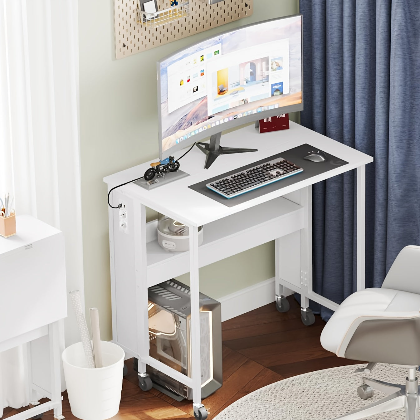 Bureau d'ordinateur portable pliable et tendance blanc avec roulettes, bureau d'ordinateur portable mobile pliable avec station de charge, bureau d'ordinateur pliable 80 x 50 cm, bureau d'étude, convient pour salon, chambre, bureau, salle de jeux, peut êt