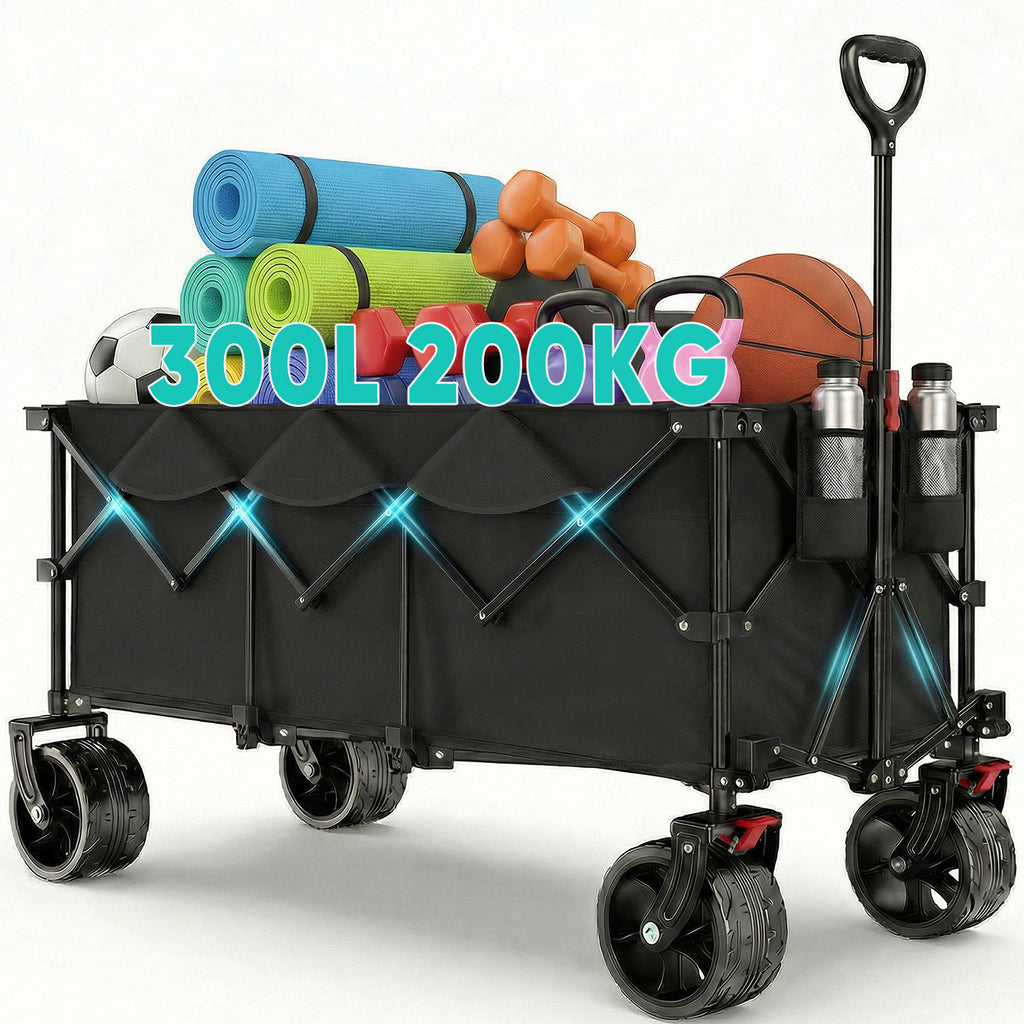 Chariot utilitaire pliant XXXL, capacité de 300L, capacité de charge de 200KG, chariot à main pliable étendu avec roues tout-terrain extra-large de 15X8 cm, chariot de transport à installation instantanée 4 voies breveté Ca15