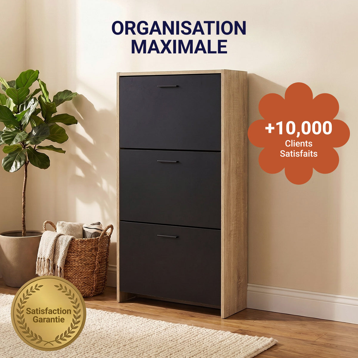 Meuble à chaussures avec 3 compartiments à abattant, armoire de rangement en bois pour jusqu'à 18 paires, organisateur d'entrée peu encombrant