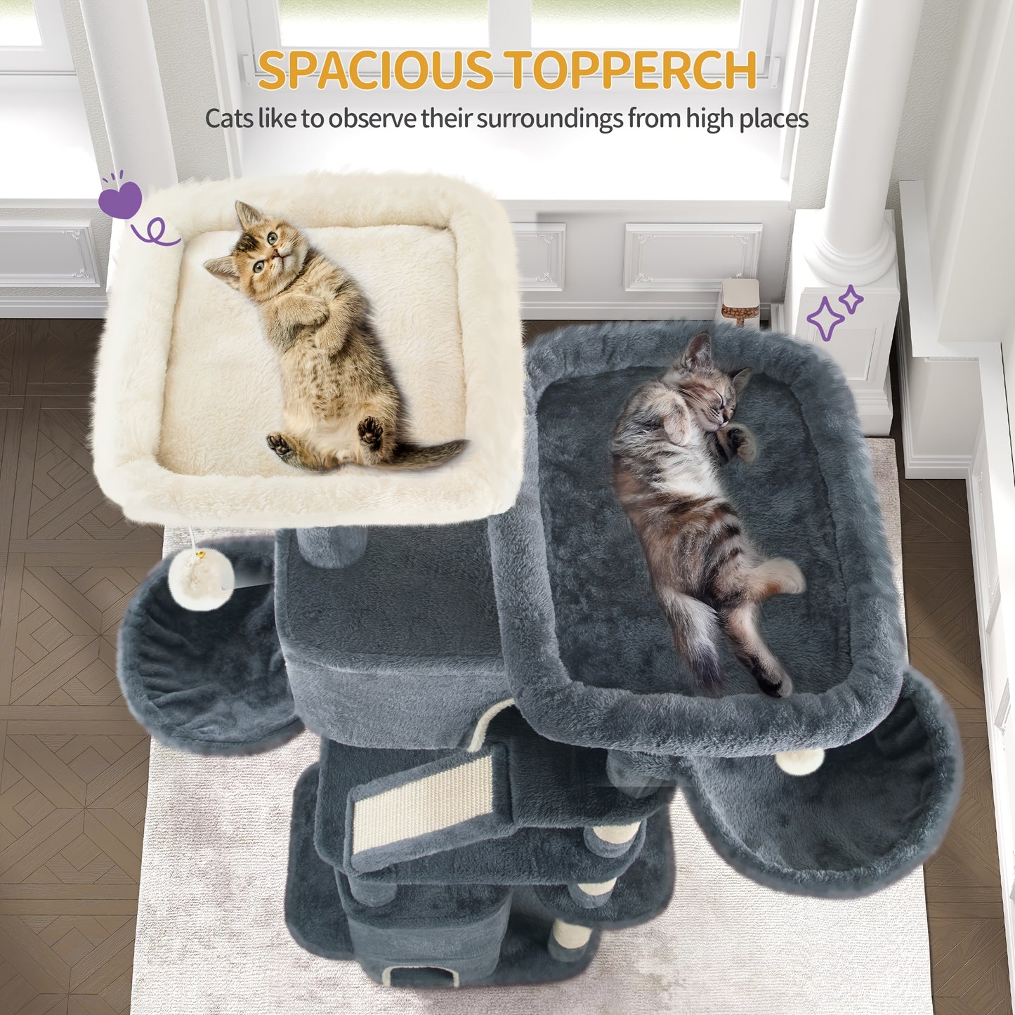 Grand Griffoir pour Chat 185 cm Stable avec 6 Poteaux à Griffer, 3 Grotto, 2 Plateformes d'Observation, 2 Paniers, 4 Balles en Peluche, Griffoir Multiniveau pour Chat