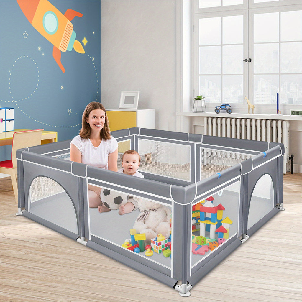 Parc de jeu gris avec maille respirante, parc pour bébé avec porte pour ramper, convient pour une utilisation intérieure et extérieure