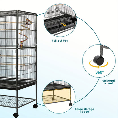 Grande cage à oiseaux, cage à oiseaux en métal, cage à oiseaux avec 4 roues, cage pour perruches avec bol de nourriture, jouet pour cage, balançoire à sauter pour oiseaux avec 2 portes et 4 barres en bois, 132 x 78 x 52 cm
