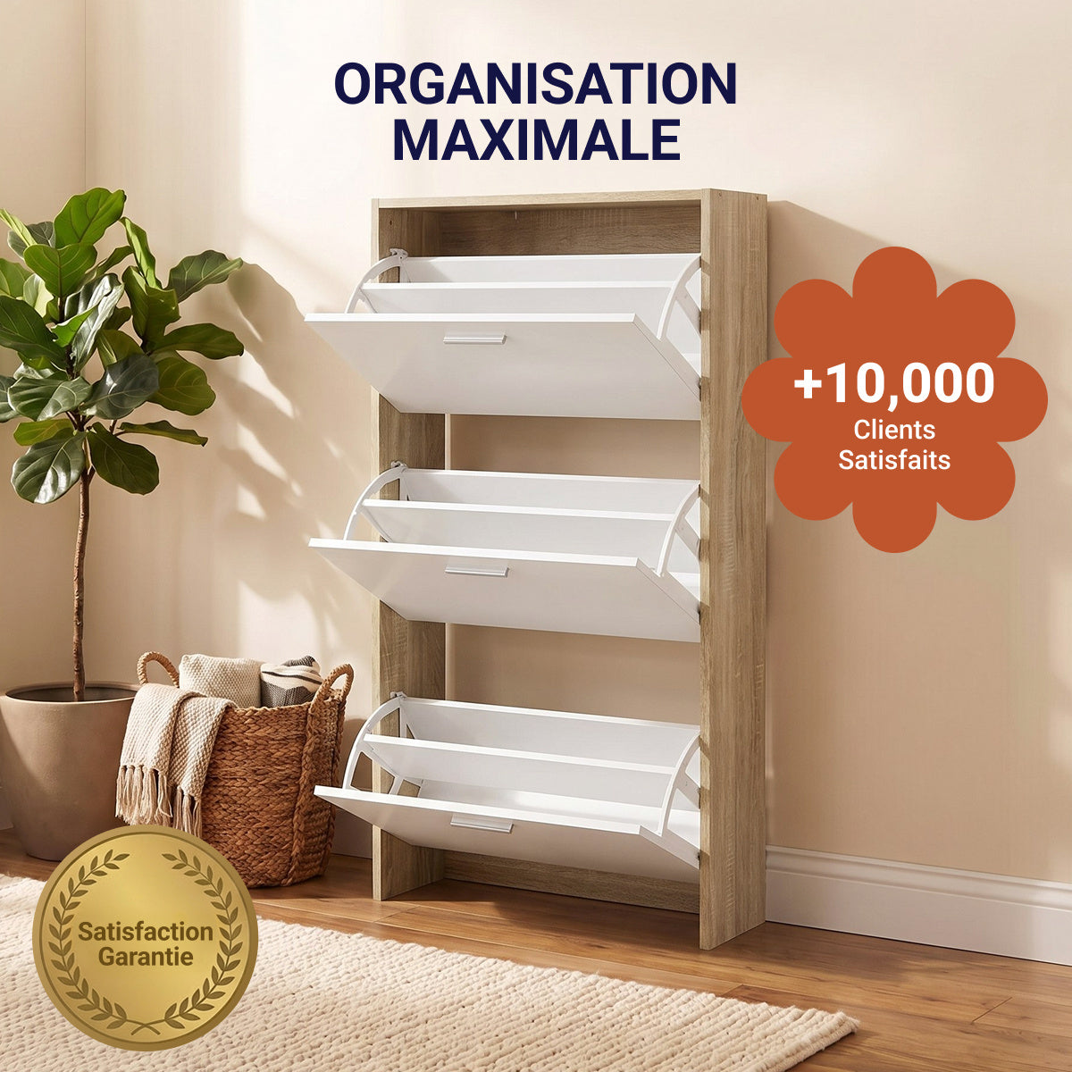 Meuble à chaussures avec 3 compartiments à abattant, armoire de rangement en bois pour jusqu'à 18 paires, organisateur d'entrée peu encombrant