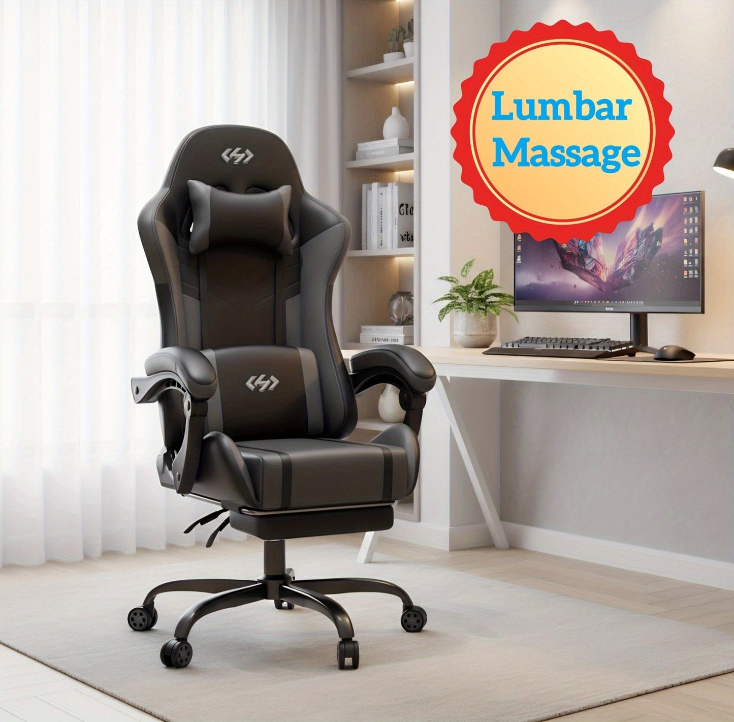 Nouvelle chaise de gaming améliorée avec massage lombaire intégré, conception ergonomique pour adultes, support lombaire et appui-tête réglables, chaise d'ordinateur pivotante en similicuir avec repose-pieds, chaise de bureau inclinable pour de longues he