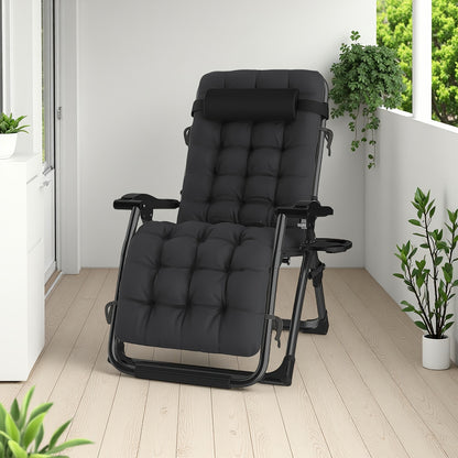 Chaise longue de détente zéro gravité surdimensionnée, 72 cm extra large, inclinable pliable et réglable, capacité de 500 lbs/200 kg, coussin détachable en coton doux avec appui-tête, porte-gobelet, noir gris, pour jardin, terrasse, balcon, patio extérieu