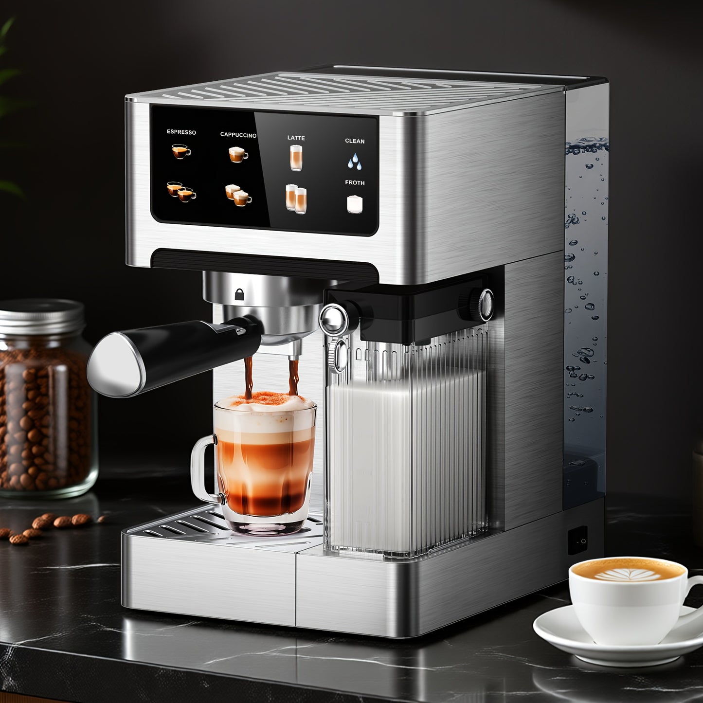 Machine à café espresso, 20 bars de pression, réservoir d'eau 1,8 L, mousseur à lait automatique, système à double chaudière, écran LCD, choix parfait pour la préparation de café à la maison, idéale pour préparer un espresso, cappuccino et latte authentiq