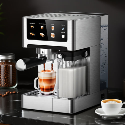 Machine à café espresso, 20 bars de pression, réservoir d'eau 1,8 L, mousseur à lait automatique, système à double chaudière, écran LCD, choix parfait pour la préparation de café à la maison, idéale pour préparer un espresso, cappuccino et latte authentiq