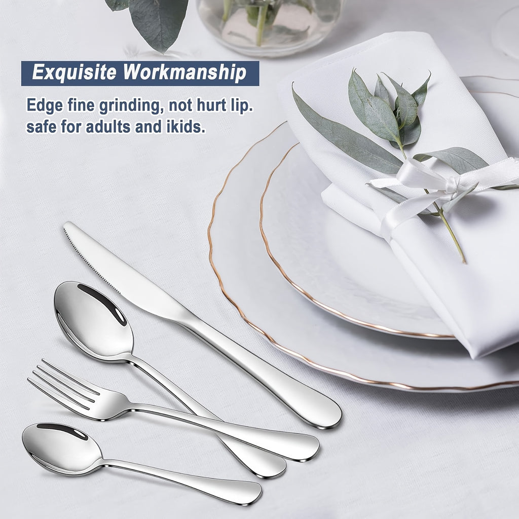 Ensemble de couverts ronds en acier inoxydable 48 pièces pour 12 personnes, ensemble de couverts de qualité alimentaire avec boîte cadeau, ensembles d'ustensiles à extrémités miroir pour restaurant à domicile, lavable au lave-vaisselle (argenté)