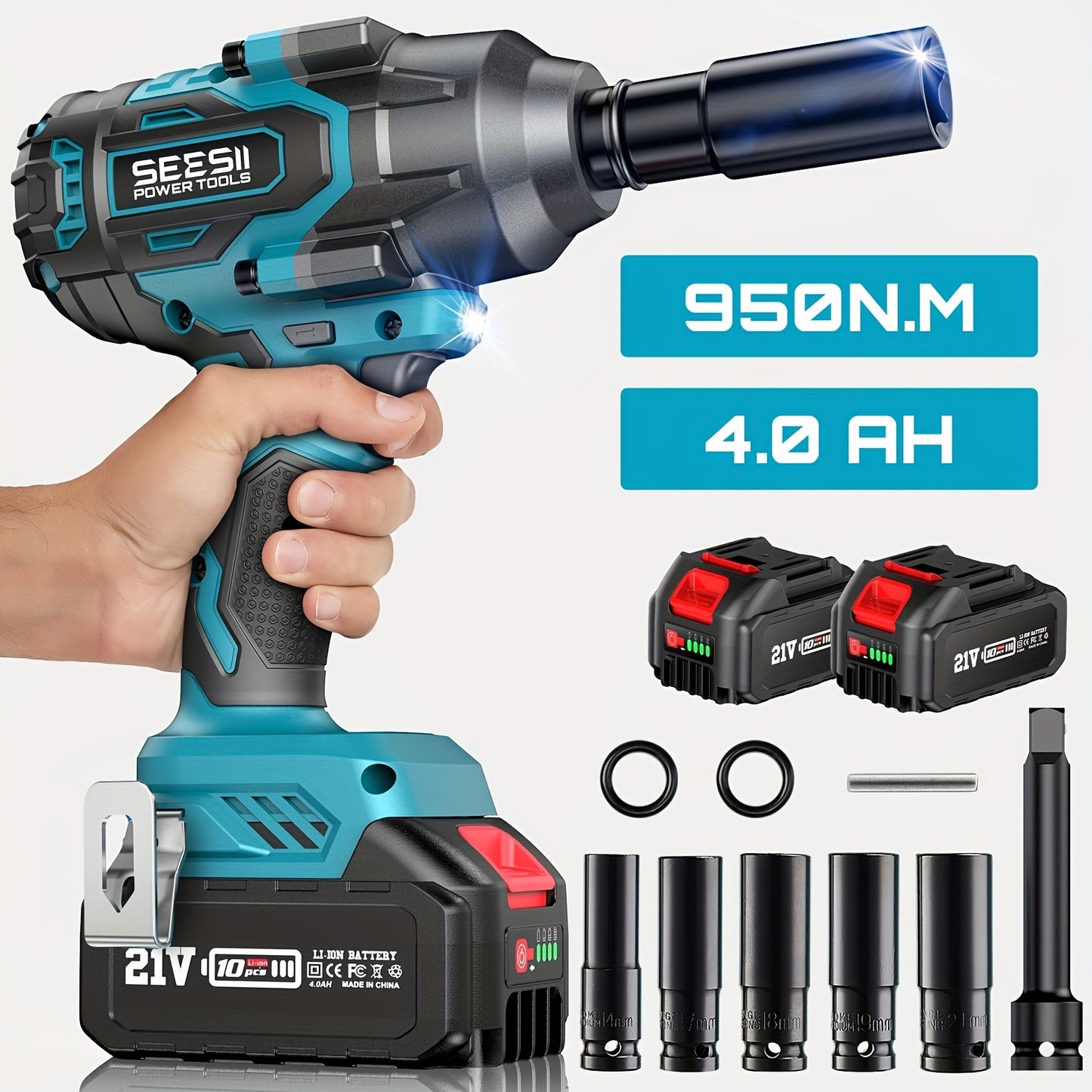 Clé à choc SEESII 950N.M à couple élevé (700 Ft-Lbs), pistolet à choc sans balais 1/2" avec deux batteries 4.0AH, chargeur rapide, 5 douilles et étui de rangement, clé à choc électrique pour voiture et camion