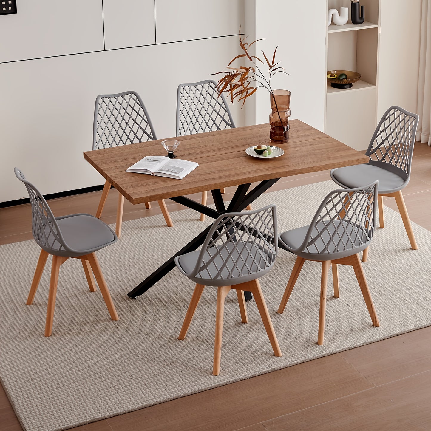 EGOONM Ensemble de 6 chaises de salle à manger, chaises de cuisine scandinaves - Design de dossier coquillage découpé, coussin en similicuir et pieds en bois de hêtre