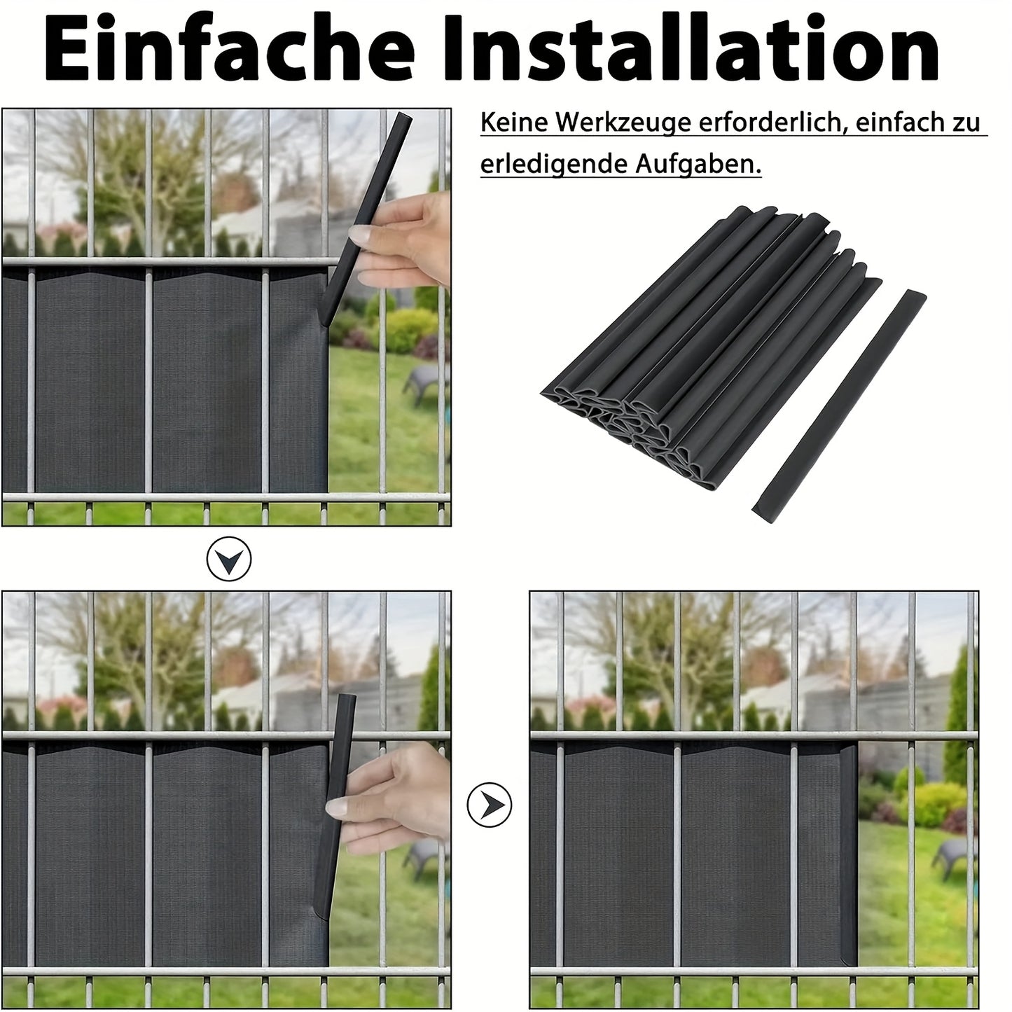 72 pièces de bandes d'écran d'intimité en PVC avec rails de serrage, conçues pour être utilisées comme barrière anti-vent ou écran d'intimité pour jardins et clôtures, comprenant des clips de fixation pour les clôtures en treillis double fil en couleur an