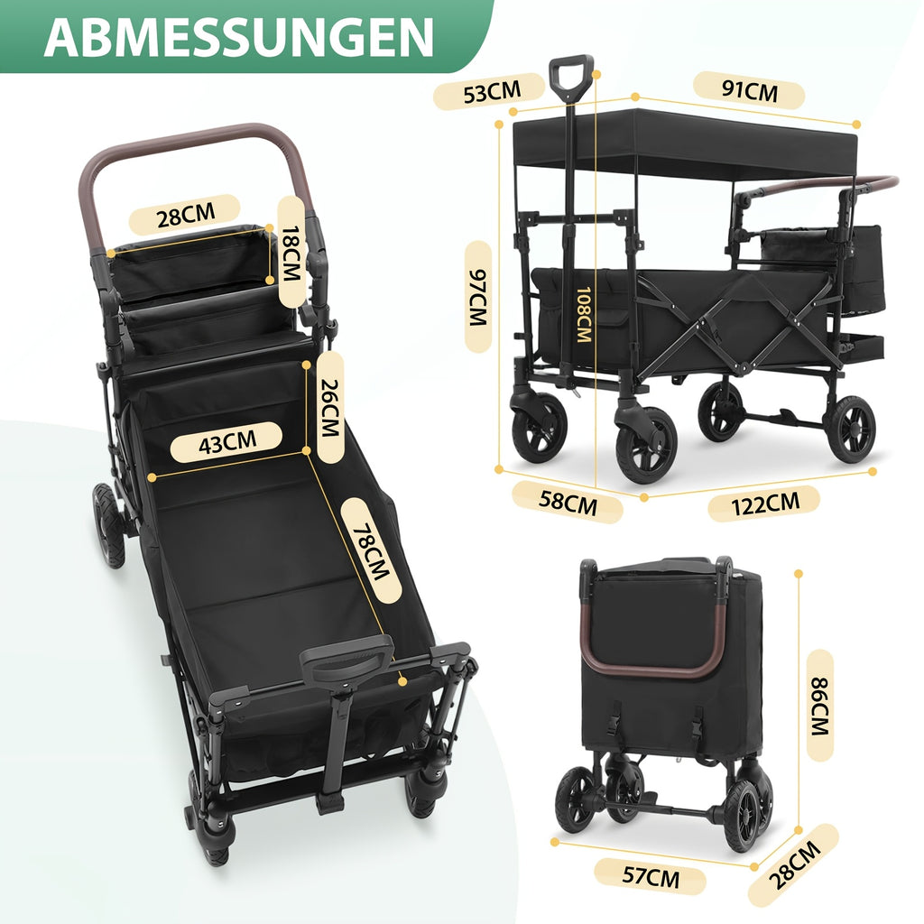 Chariot Pliant avec Toit Robuste 100 kg 150 L - Roues Freinées, Poignée Réglable, Tissu Nylon Oxford pour Camping Familial, Courses et Jardinage (Gris/Noir/Gris-Noir/Vert Foncé)