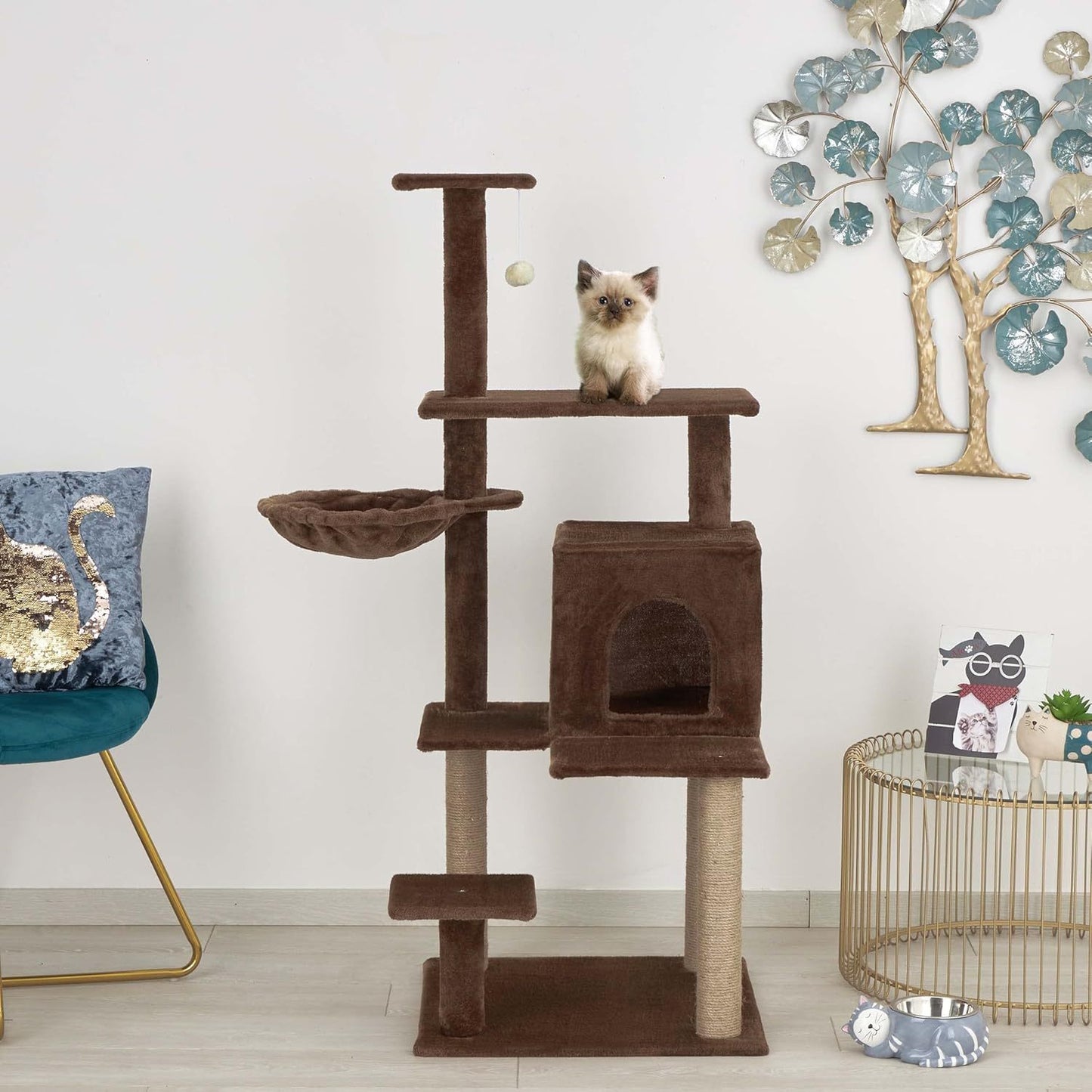 Baroni arbre à gratter pour chat en couleur marron | crème | gris 75X22X49 pouces (ou 75X55X49 pouces), arbre à gratter pour chaton, 4 niveaux avec hamac à balle et lit rectangulaire, jouet interactif pour chats et chatons pour une utilisation en intérieu