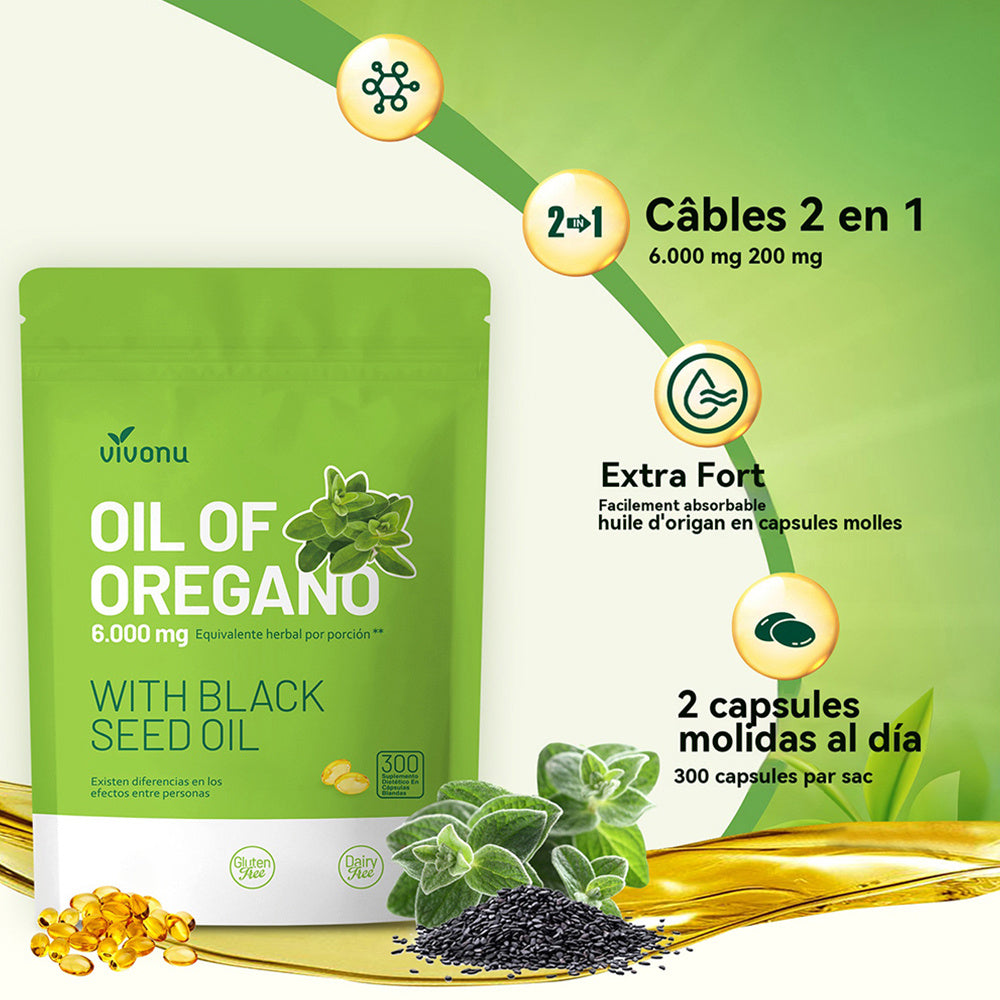 VIVONU Huile d'origan plus huile de graines noires, capsules huile d'origan équilibrée, capsules molles d'huile d'origan