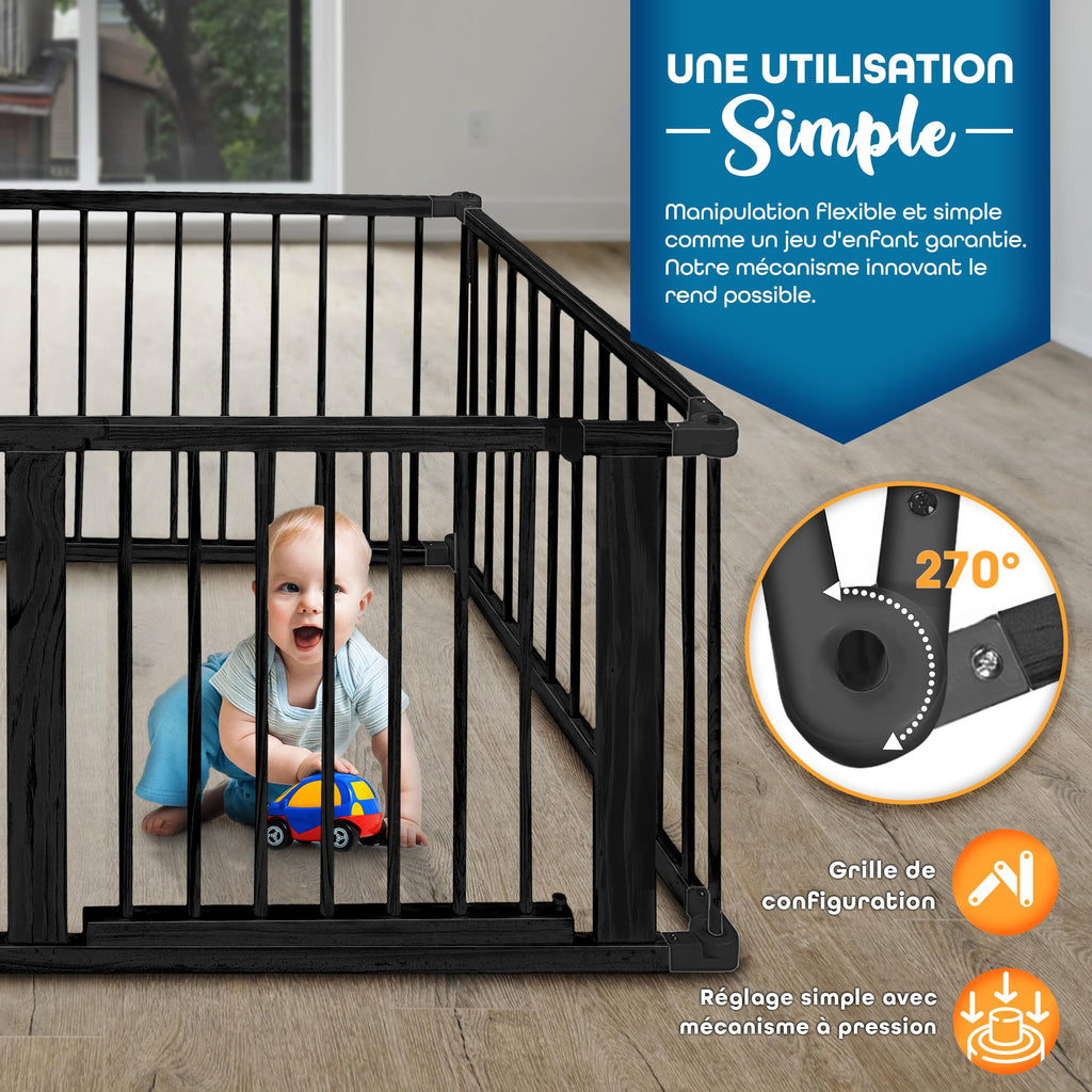 KIDUKU® Parc bébé pliable XXL de 7,2 mètres avec porte | Parc en bois avec double sécurité | Parc pliable pour enfants avec 8 éléments