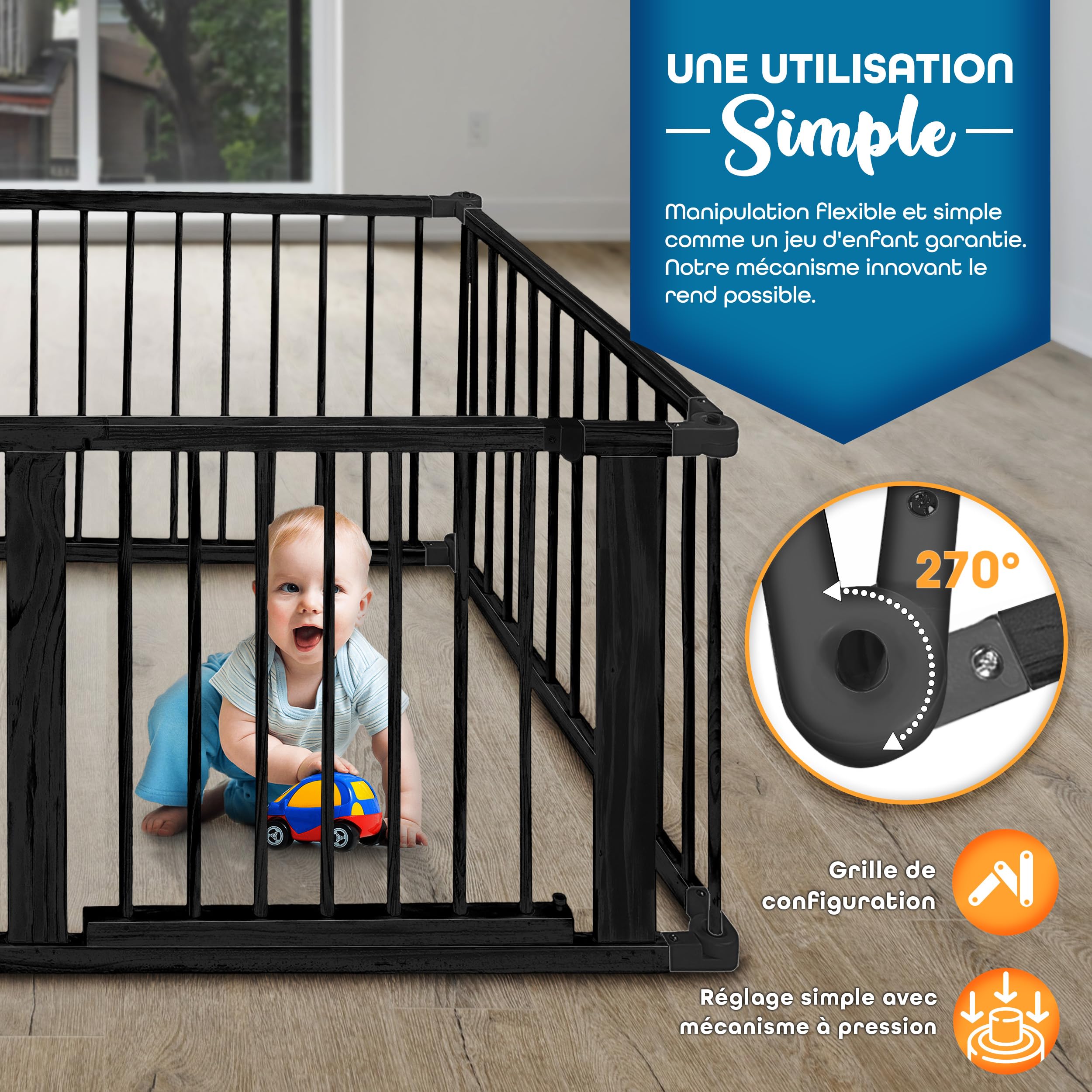 KIDUKU® Parc bébé pliable XXL de 7,2 mètres avec porte | Parc en bois avec double sécurité | Parc pliable pour enfants avec 8 éléments