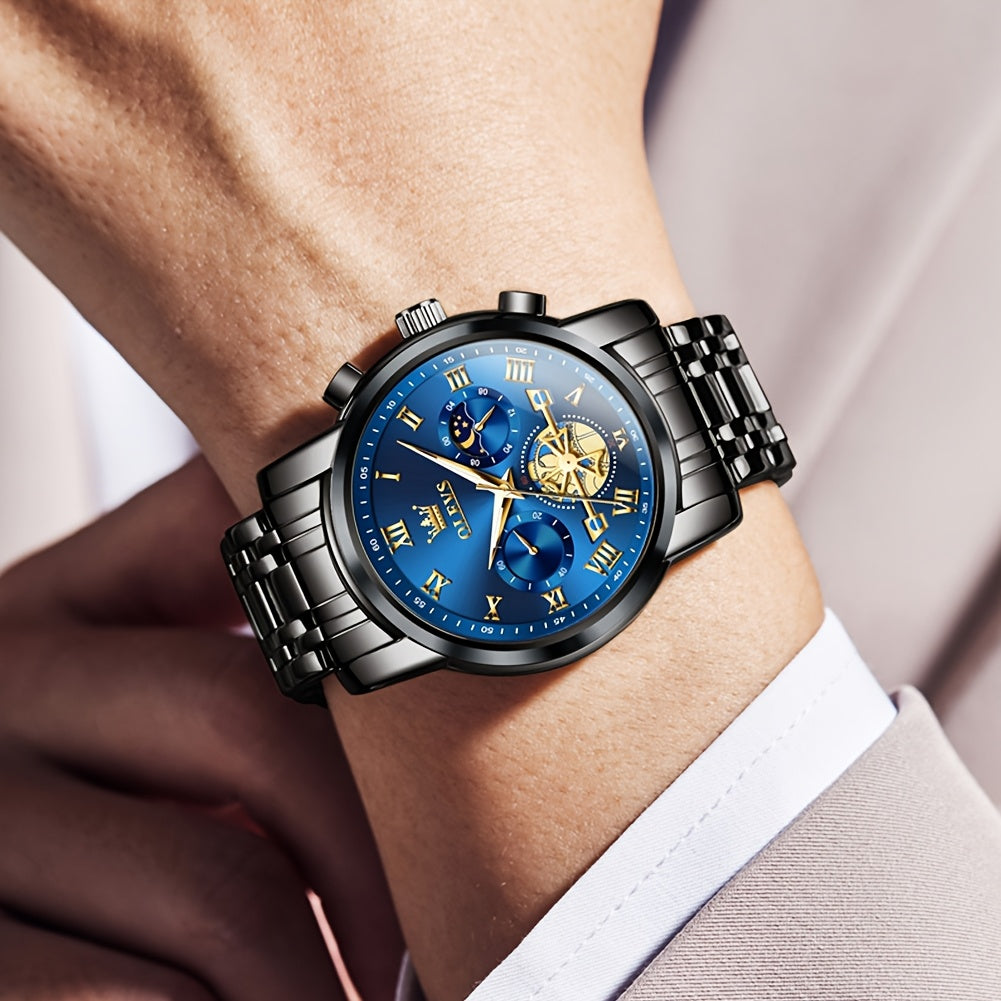 Montres pour Hommes OLEVS Montre à Quartz de Luxe avec Bracelet en Acier Inoxydable, Numéros Romains et Phases Lunaires Lumineuses, Classique Élégante, Cadeaux Romantiques de Noël, Relojes de Hombre Bleu/Noir/Blanche/Cadran Doré