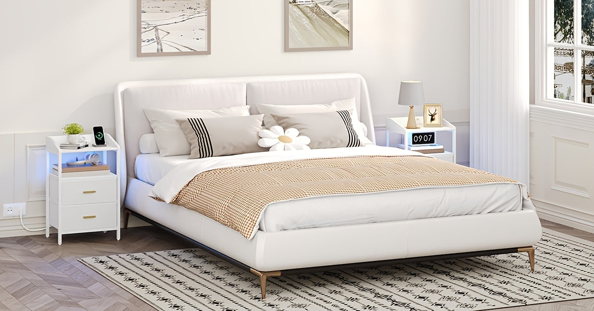 Ensemble de 2 tables de chevet, avec lumières LED et station de charge, table d'appoint avec 2 tiroirs en tissu et étagères, avec ports USB et prises, pour chambre à coucher, salon, blanc