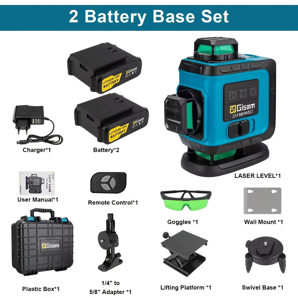 Niveau laser 4D vert Gisam 16 lignes avec trépied et contrôle par application, 4 x 360° auto-nivellement horizontal vertical croisé, outil de construction haute précision avec batterie lithium rechargeable, pour rénovation domicile et projets d'ingénierie